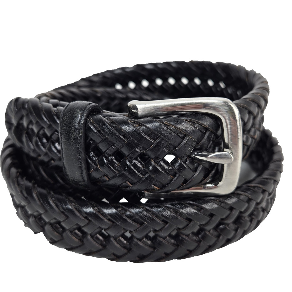 Vintage Leather Braided Belt Silvertone Buckle Men's Size 42 1" Wide Unbranded